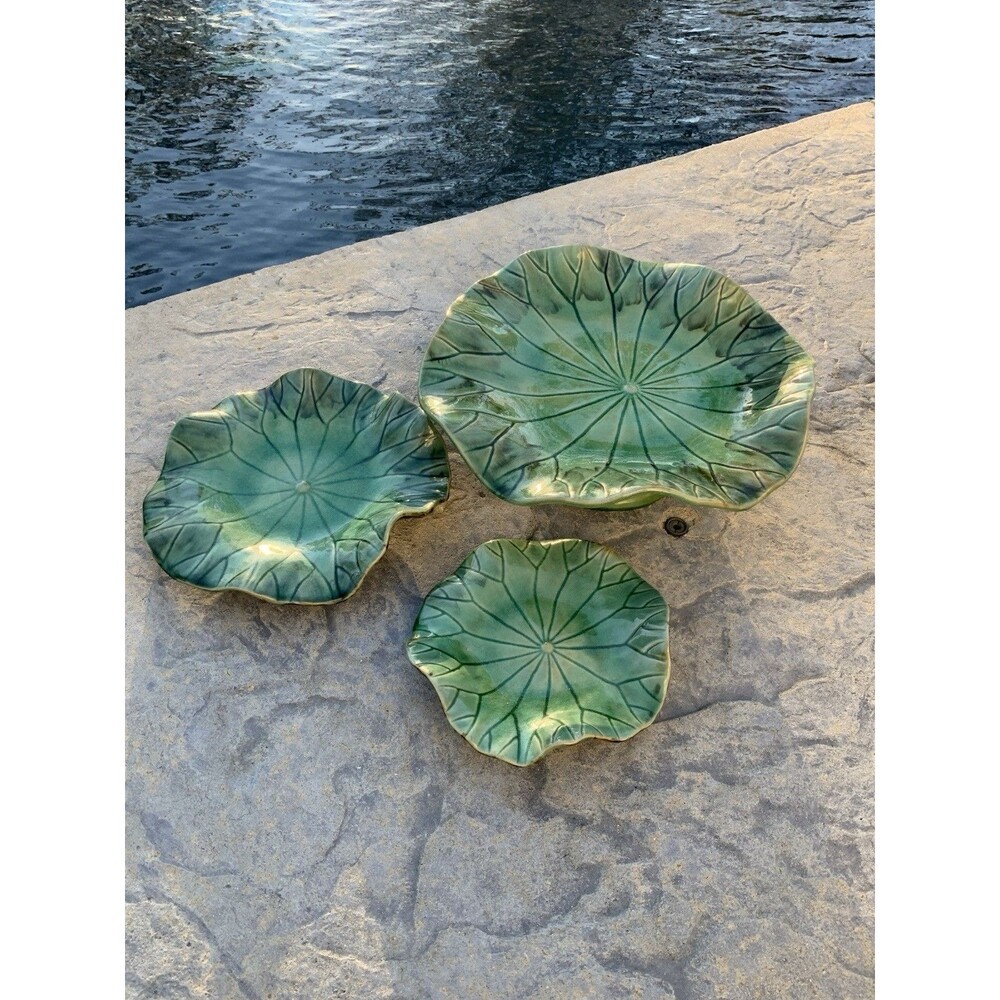 Vintage Arhaus Glazed Ceramic Lily Pad Plates - Set of 3 Nesting Platters